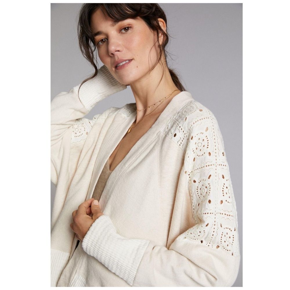 Rare Anthro | Hollie Eyelet Crochet Ribbed Cardigan Cotton, Sz M Like New